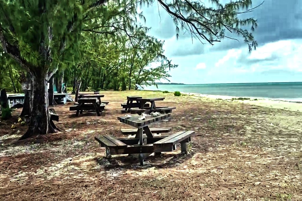Picnic tables in Bambarra Beach in Turks and Caicos 