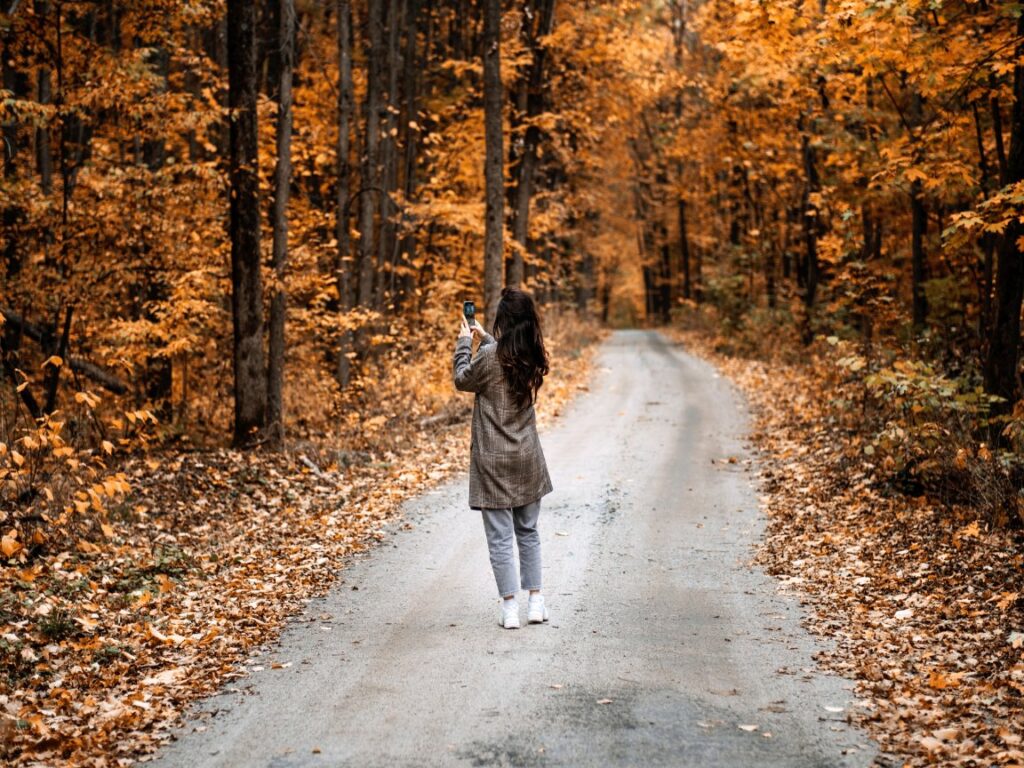 A woman taking pictures in autumn forest.